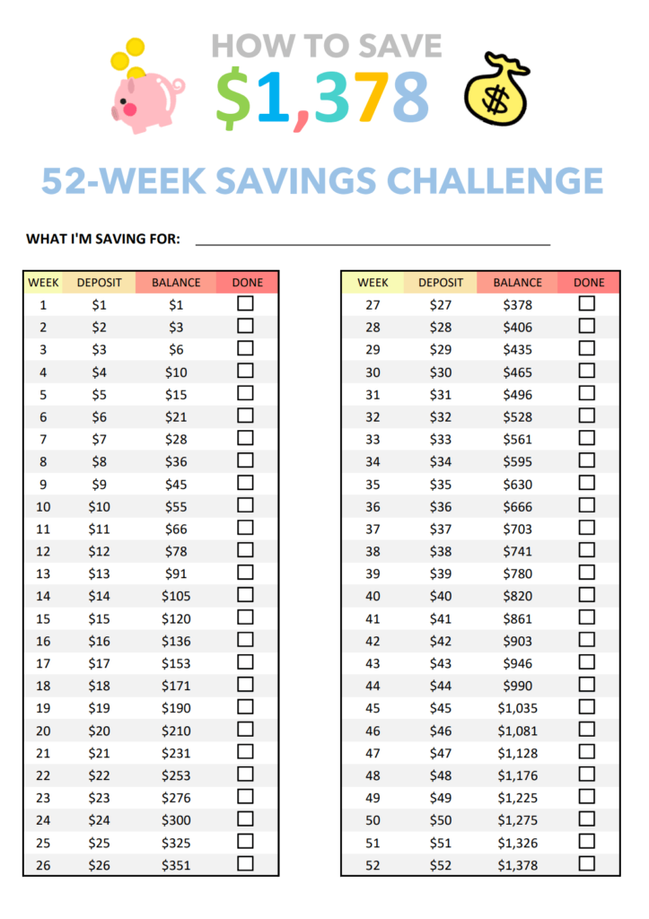 52-weeks saving challenge printable