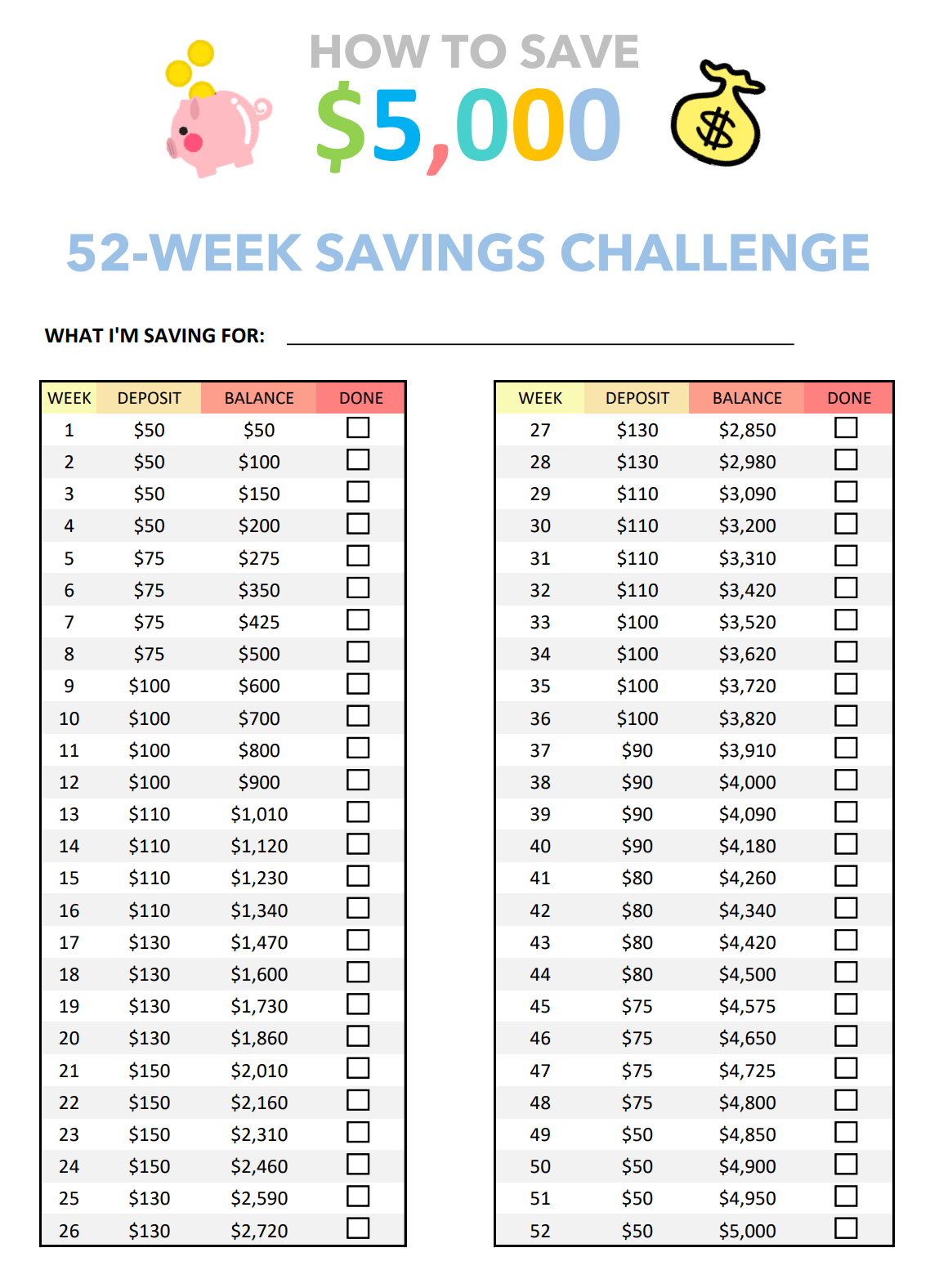 52 Week Money Challenge Printable 
