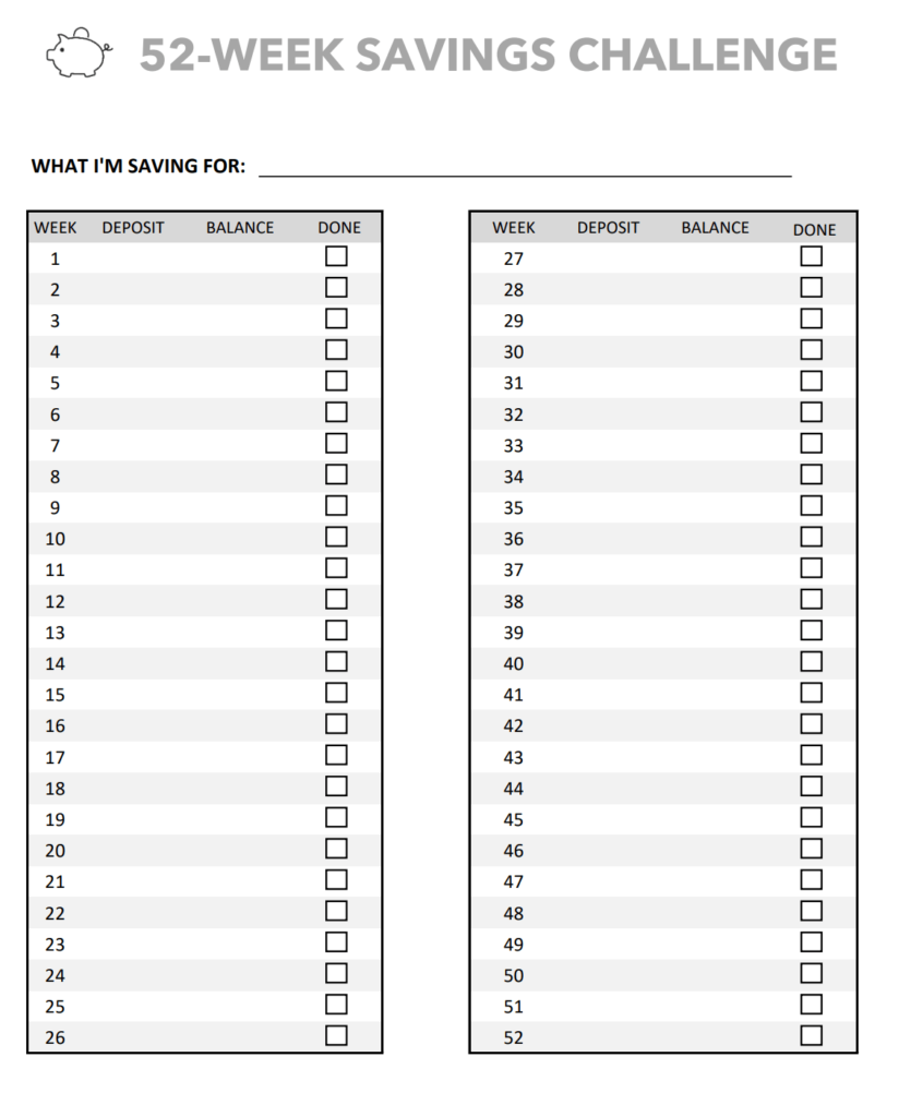 52-weeks saving challenge printable