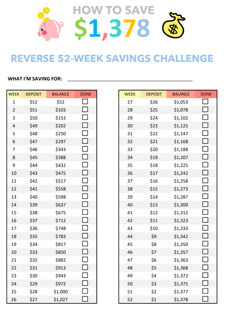 52-weeks saving challenge printable